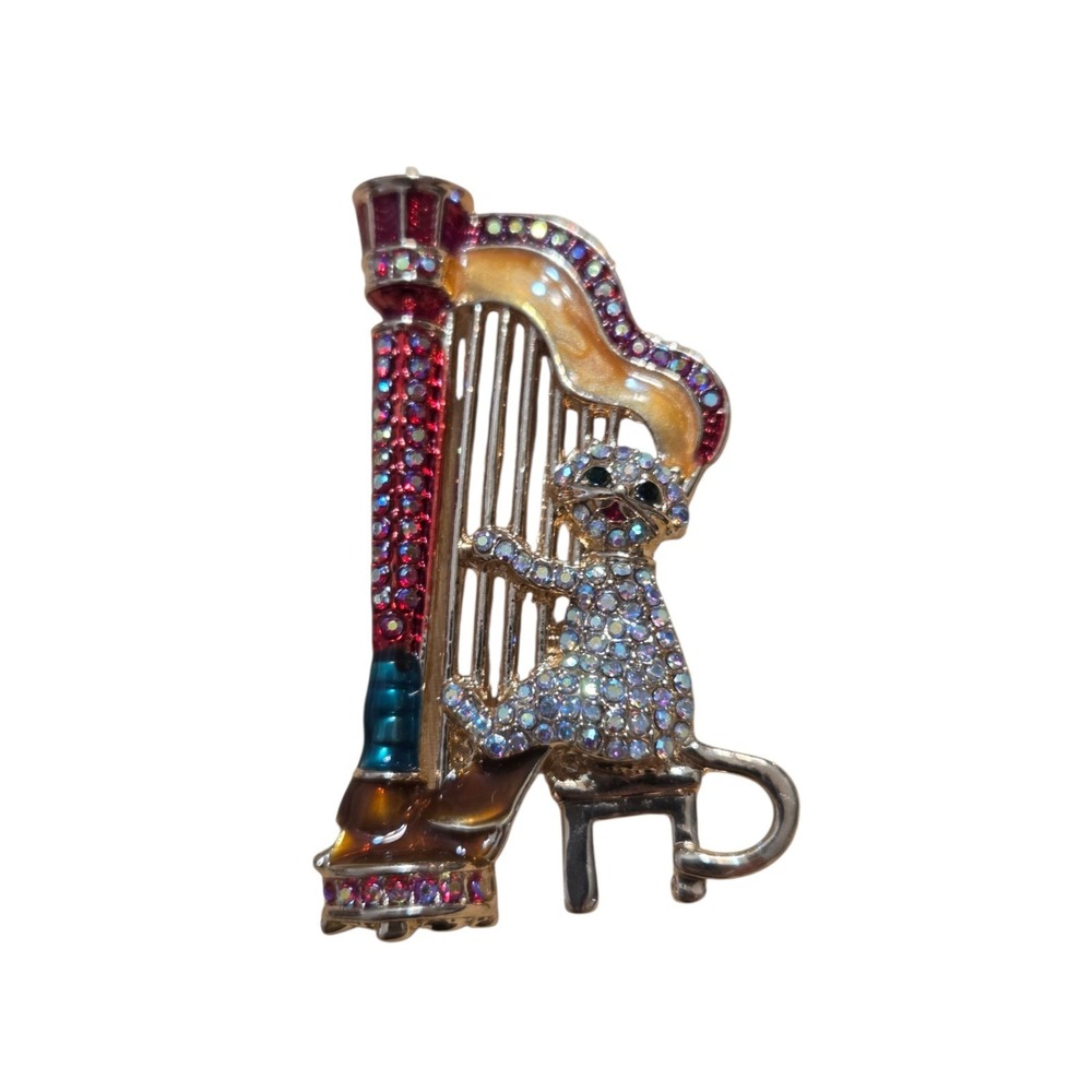 Cat Playing Harp Brooch w Multicolor Rhinestones Gold Tone & enamel